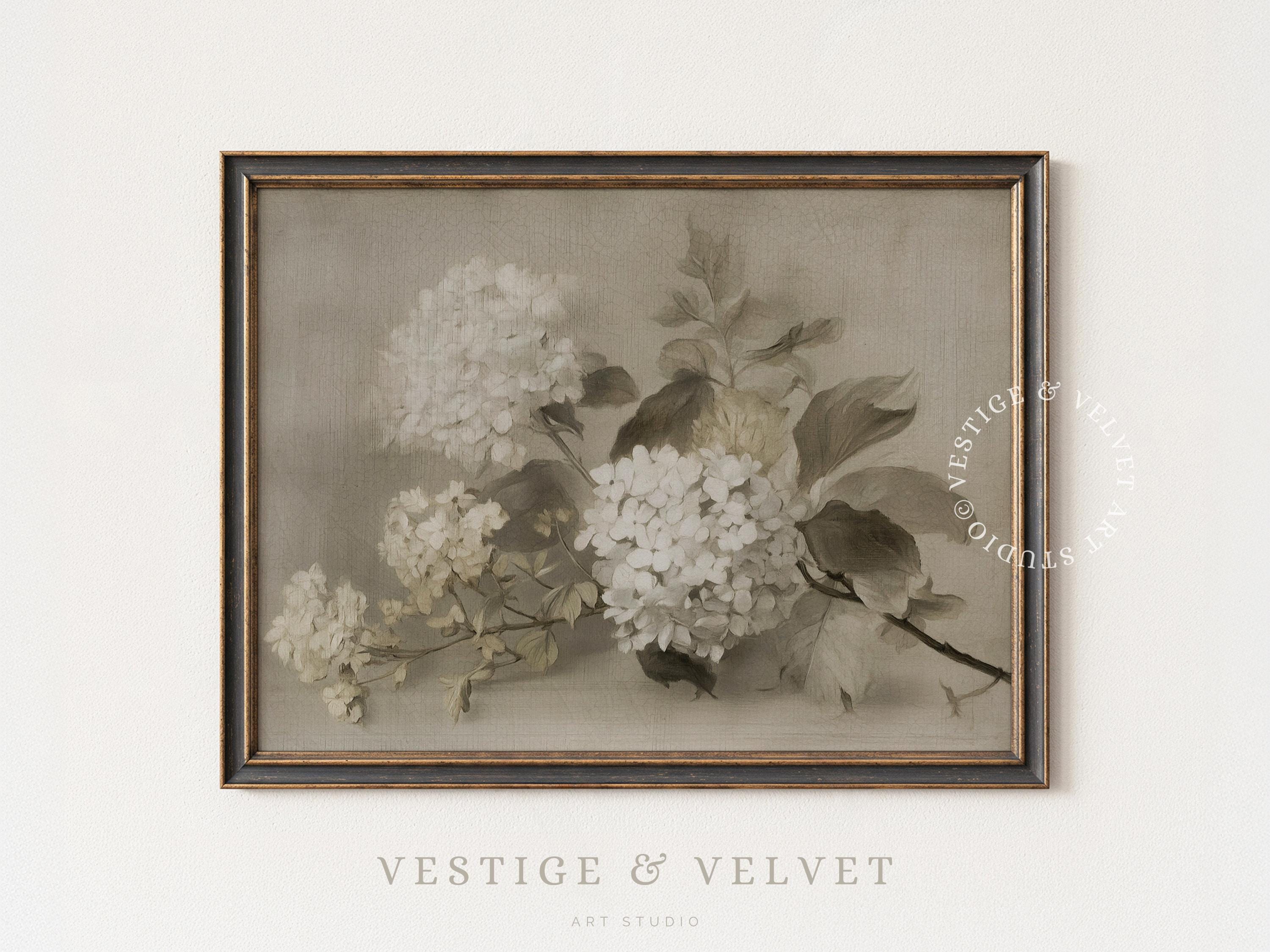 White Hydrangea Wall Art, Neutral Floral Print, Vintage Oil Painting ...