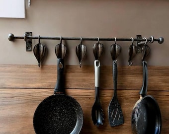 Hand-Forged Wrought Iron Pot Rack: Rustic Kitchen Utensil Holder