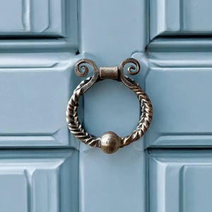Handmade wrought iron door knocker: twisted ring, scroll design, medieval style door knocker, front door decor, festive street decorations