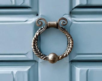 Handmade wrought iron door knocker: twisted ring, scroll design, medieval style door knocker, front door decor, festive street decorations