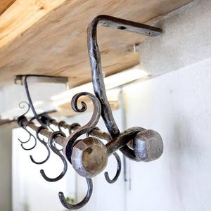 Hand-Forged Iron Hanging Pot Rack: Rustic Kitchen Utensil Organizer