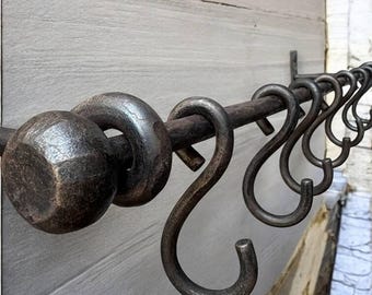 Kitchen Rack with Hooks,Cast Iron Pot and Pan Holder,Rustic Wrought Iron Pot Holder,Rustic Wall Organizer,Handmade Metal Rod,utensil rack