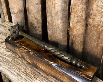 Hand-Forged Mace with Burnt Wood Stand: Medieval Warrior Decor