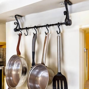 Handmade wrought iron pot rack: rustic kitchen utensil holder, mounting hardware included, wrought iron bar for hanging mugs, pots