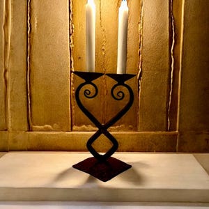 Hand Forged Wrought Iron Candle Holder: Rustic Black Metal Centerpiece