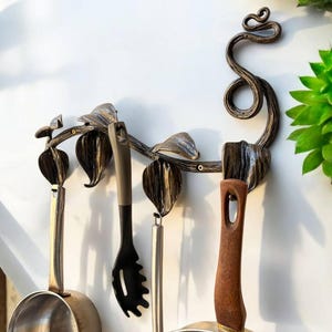 Wrought Iron Kitchen Rack with Leaves | Hand-Forged Hooks for Utensils and Towels | Wall Organizer | Metal gift for grandpa