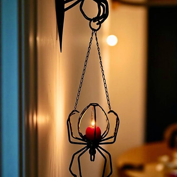Gothic Spider Wall Sconce, Wrought Iron Candle Holder with Belly Flame, Dark Medieval Decor, Horror Iron Art, Vampire Castle Lantern