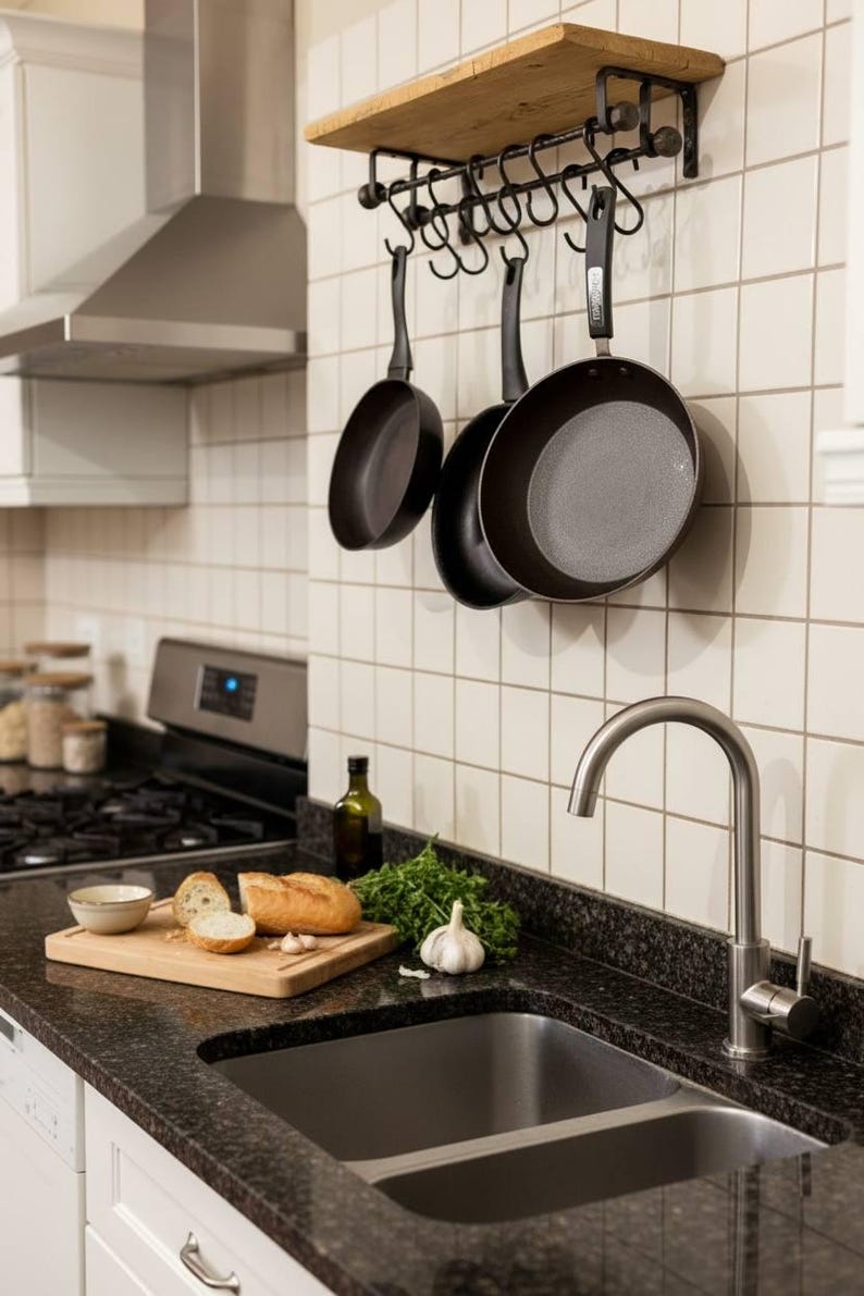 Pot Rack Rail Hand Forged Two-rod Kitchen Pot Rack Rail With S Hooks – Wall Mounted ...
