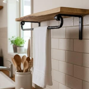 May include: A wooden shelf with a black metal towel rail, holding a white towel. The shelf is mounted on a white tiled wall. A stack of folded white towels sits on the counter below. Kitchen decor.