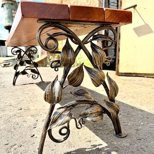 Hand Forged Wrought Iron Bench Legs: Rustic Vine & Leaf Design