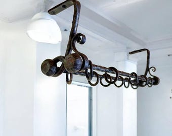 Industrial Ceiling Curtain Rod – Double Black Wrought Iron Rail with Rings – Hand-Forged Minimalist Loft Window Treatment Hardware