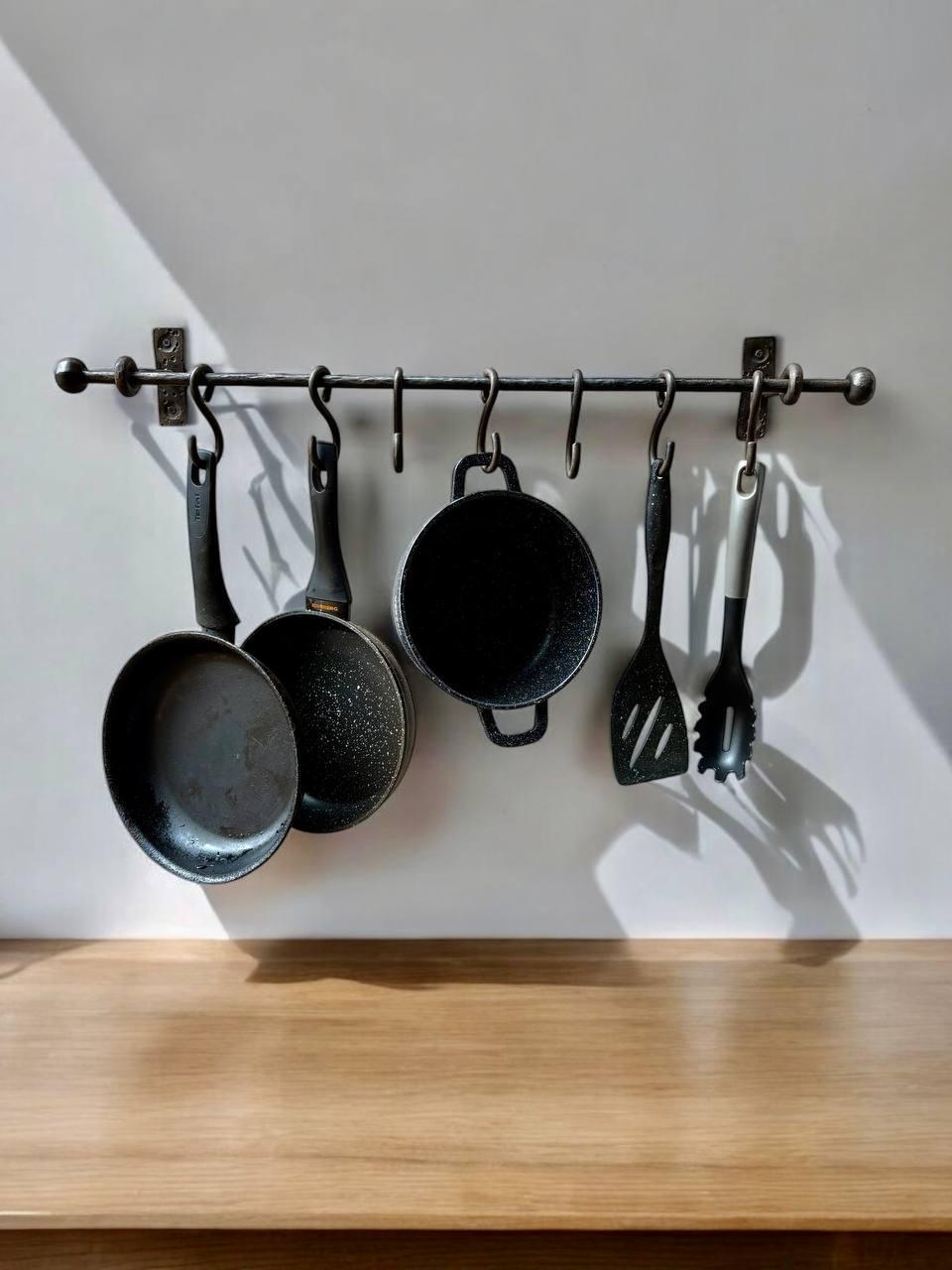 Wrought Iron Kitchen Rack: Blacksmith Made Pan Hanger with Hooks