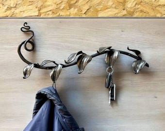 Large handmade wall hook,wrought iron clothes hanger,rustic metal key holder,blacksmith leaf shaped wall hook,gift with love