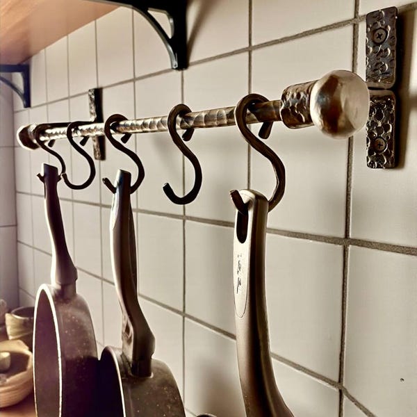 Handmade Wrought Iron Kitchen Shelves with Hooks–Sturdy Wrought Iron Pot and Pan Rack,Wall Mounted Utensil Holder,Custom Length 20-80 inches