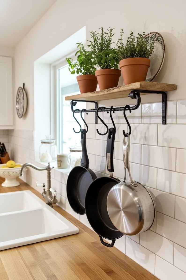 Meridian Pot Rack Hand Forged Pot Rack With Shelf – Heavy Duty Kitchen Rail, Moving Bar ...