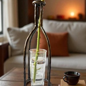 May include: A decorative metal vase with a clear glass insert holding a rose stem. The vase has a dark brown finish and a bottle-like shape. A cup of coffee and books are on the wooden table.