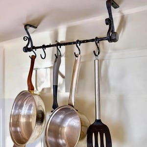 Rustic Coffee Mug Rack with Hooks – Farmhouse Kitchen Wall Organizer – Hand Forged Iron Gift for Home Chef –  Handmade Pot Rack Rail