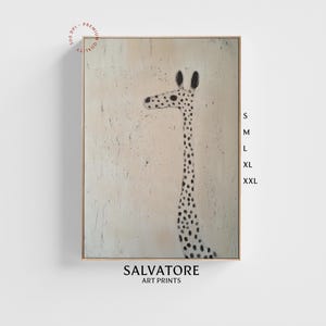 May include: A minimalist painting of a giraffe with black spots on a light beige background. The painting is framed in a light wood frame. The artist's name, "Salvatore Art Prints", is printed below the painting.