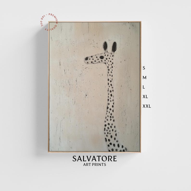 May include: A minimalist painting of a giraffe with black spots on a light beige background. The painting is framed in a light wood frame. The artist's name, "Salvatore Art Prints", is printed below the painting.