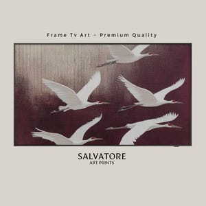 Samsung Frame Tv Burgundy Japandi Art | White Bird Vintage Japanese Painting | Flying Cranes Poster Gallery Wall Decor | Digital Download