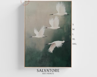 Flying Cranes Japandi Print | Green and White Bird Art | Vintage Japanese Painting | Elegant Gallery Wall Decor | Printable Digital Download