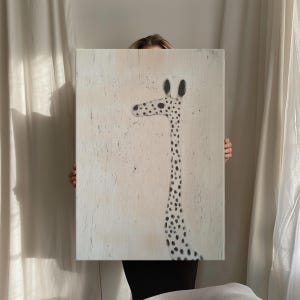 May include: A white canvas painting with a black and white giraffe illustration. The giraffe is facing left and has a long neck and a spotted pattern.