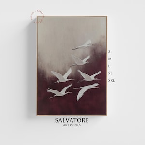Burgundy Japandi Print | White Bird Art | Vintage Japanese Painting | Flying Cranes Poster Gallery Wall Decor | Printable Digital Download