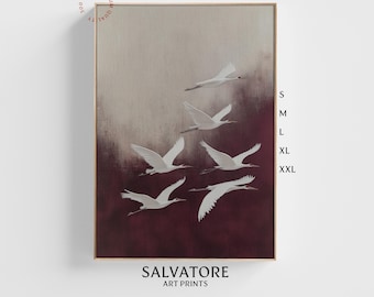 Burgundy Japandi Print | White Bird Art | Vintage Japanese Painting | Flying Cranes Poster Gallery Wall Decor | Printable Digital Download
