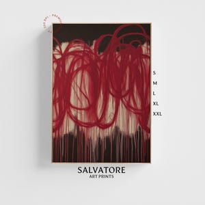 Puede incluir: Impresión de arte abstracto con trazos de pintura rojos y blancos sobre un fondo negro. La impresión está disponible en varios tamaños: S, M, L, XL, XXL. La impresión se titula "SALVATORE ART PRINTS".