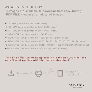 May include: A digital download listing for printable art images. The listing includes 4 images in various sizes, from 5x7 inches to 24x36 inches, and a PDF file with links to all images. The listing also offers custom sizes.