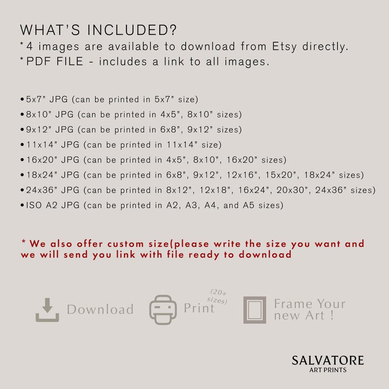 May include: A digital download listing for printable art images. The listing includes 4 images in various sizes, from 5x7 inches to 24x36 inches, and a PDF file with links to all images. The listing also offers custom sizes.