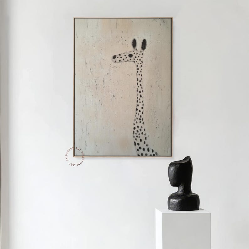 May include: A black and white abstract painting of a giraffe on a light beige background. The giraffe is facing left and has a long neck and a spotted pattern.