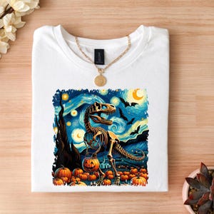 T-Rex Skeleton Halloween Van Gogh Starry Night Fall Pumpkin T-Shirt, Halloween Boys Dinosaur Skeleton T rex Scary Pumpkin Moon, sublimation