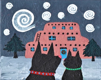 Magical Santa Fe Winter print or 5 note cards. Black dog and black cat. c Hillary Vermont