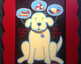 Blondie's 3 B's , yellow dog acrylic 27x32 framed c Hillary Vermont