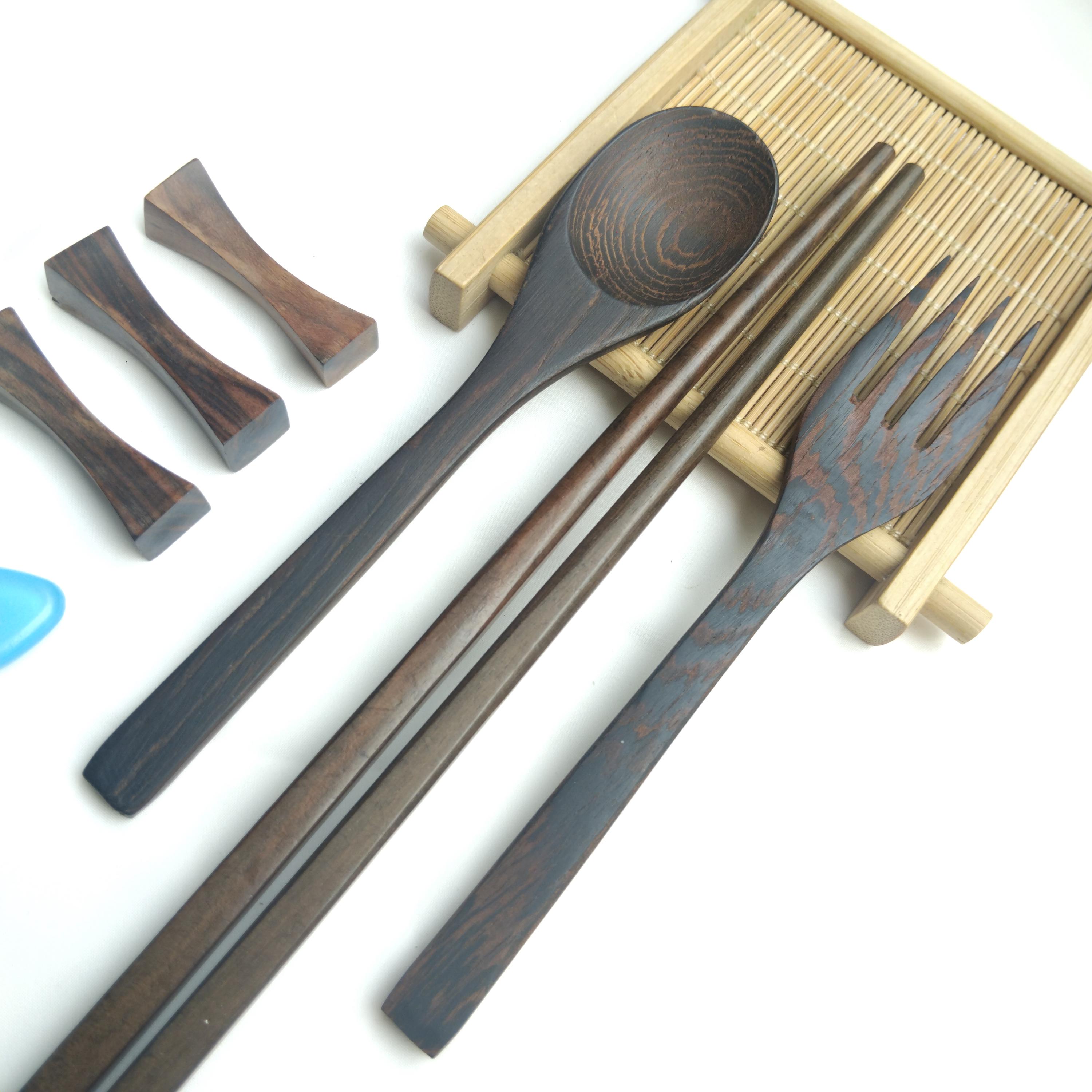 Handmade Ebony Wood Utensil Set, Chopsticks Spoon Fork & 3 Rests, Dark ...