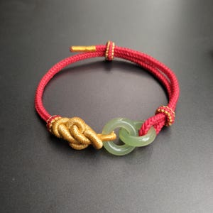 Tibetan Red String Bracelet with Yellow Endless Knot & Double Jade Rings | Handmade Lucky Protection Bracelet | Buddhist Blessing Gift