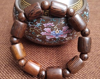 Handcrafted Peacock Ebony Wood Bracelet, Bamboo style Beads, Buddhist Meditation Jewelry, Spiritual present, Yoga gift, Free gift box