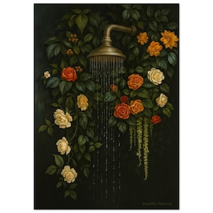 Póster vintage de cabezal de ducha – Arte floral para baño | Arte mural verde oscuro | Sin marco