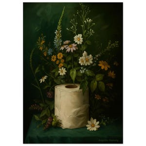 Póster vintage de papel higiénico: Arte floral para tu baño | Estilo verde oscuro | Decoración clásica de pared sin marco