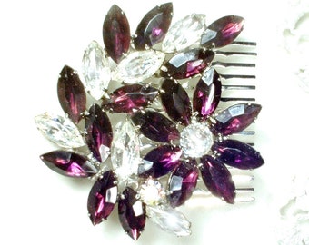 Vintage Purple Crystal Rhinestone Bridal Hair Comb, OOAK Silver Plum/Auburgine/Wine Headpiece,Eggplant Head Piece Wedding Hairpiece Slide