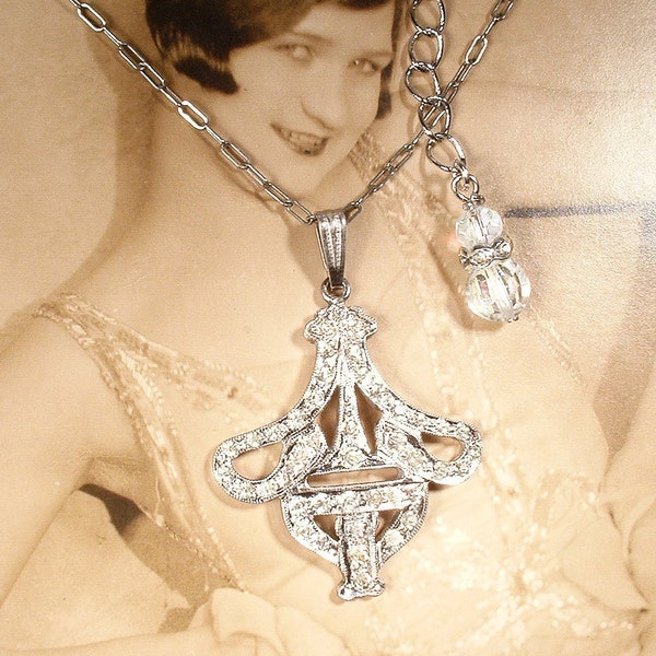 Antique 1930s Belle Epoque French Paste Rhinestone Pendant Necklace,STeRLiNG SiLVeR Edwardian/Art Nouveau Vintage 1920s Bridal/Wedding 1920