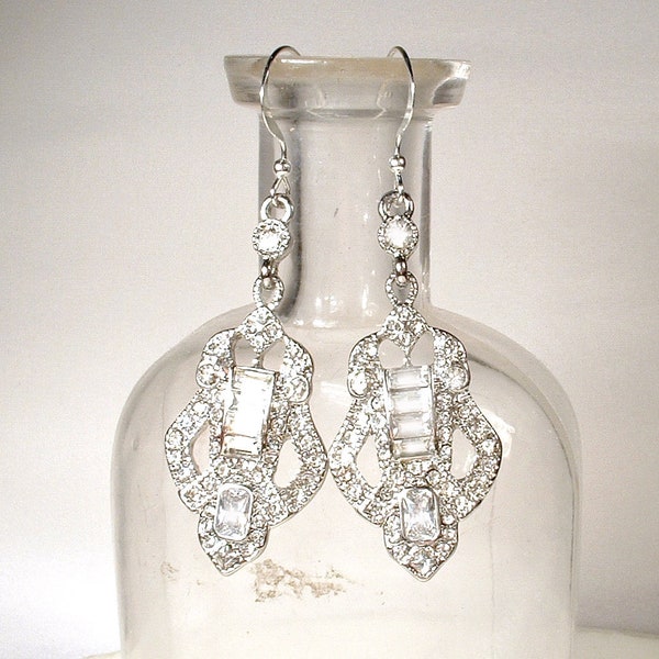 1920s Art Deco Rhinestone Bridal Dangle Earrings, STERLING SILVER Long Crystal Wedding Statement Earrings, Edwardian Gatsby Drops Chandelier