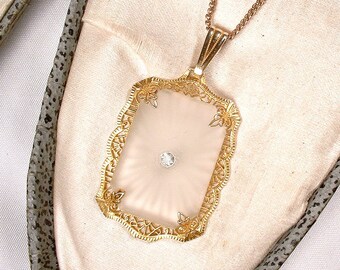 bronze tone frame setting bronzegold tone metal OUTSTANDING Vintage PINK Camphor Glass Pink Rhinestone Pendant Necklace snake chain