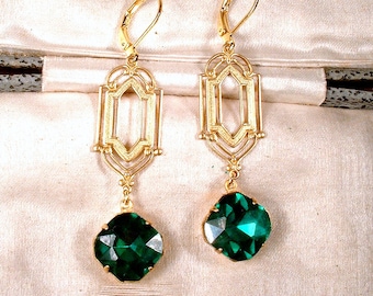 Art Deco Emerald Green Dangle Earrings, Long Gold Crystal Rhinestone Drop 1920s Vintage Wedding Bridal Flapper Edwardian 1930s 1920 Style