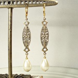 Jaren 1920 parel antiek goud art nouveau/art deco hangoorbellen, lange glazen ivoorparel bruids statement drop jaren 20 vintage bruiloft Downton cadeau