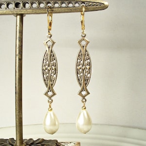 1920s Pearl Antique Gold Art Nouveau/Art Deco Dangle Earrings,Long Glass Ivory Pearl Bridal Statement Drop 20s Vintage Wedding Downton Abbey