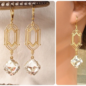 Art Deco Clear Rhinestone Gold Dangle Earrings,Long 1920s Style Bridal, Geometric Flapper Edwardian Gatsby Vintage Wedding Bridesmaid Gift