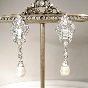 1920s Art Deco Ivory Pearl Bridal Dangle Earrings, Long Silver Rhinestone Vintage Wedding Statement, Edwardian Gatsby Drops Chandelier