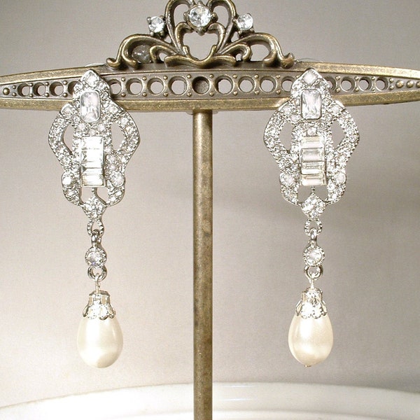 1920er Jahre Art Deco Elfenbein Perle Braut Ohrringe, lange Silber Strass Vintage Hochzeit Statement, Edwardian Gatsby Drops Kronleuchter